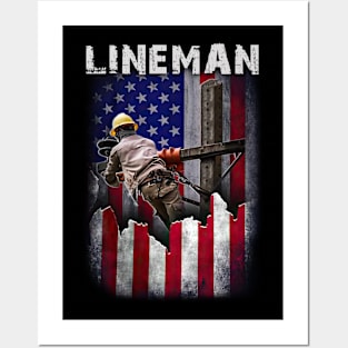 Proud Lineman Vintage American Flag Patriotic Lineman Pride Posters and Art